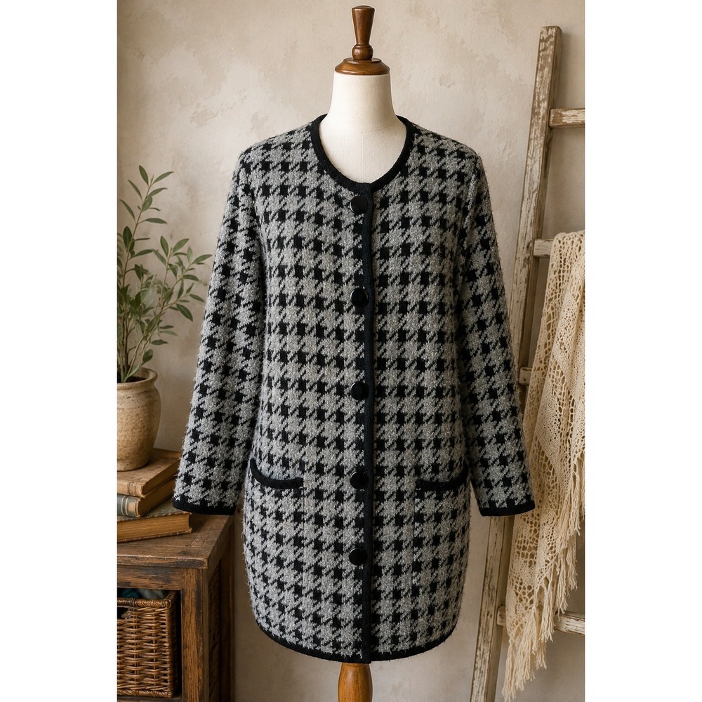 Vintage 80s 90s Houndstooth Wool Blend Sweater Coat Long Cardigan L Hong Kong